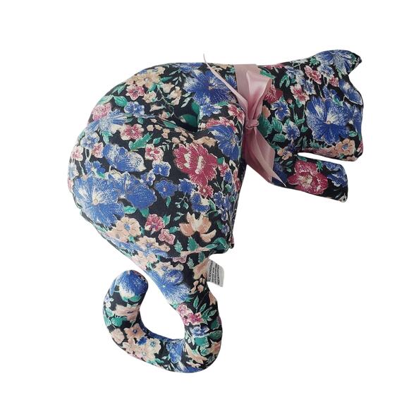 Vintage Cloth Floral Print Cat Stuffed Shelf Sitting Plush Kitty Blue & Bow - Picture 2 of 11